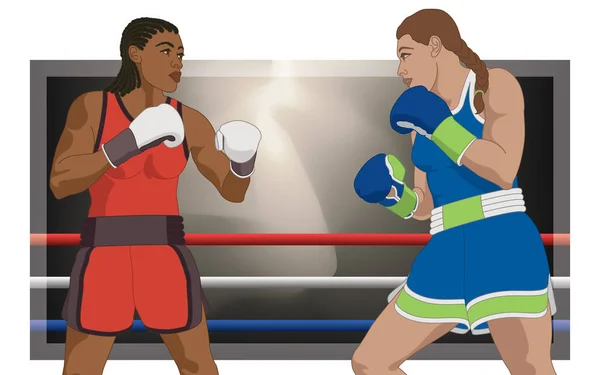 Two Female Boxers Upright Stance Boxing Ring — Stockvector