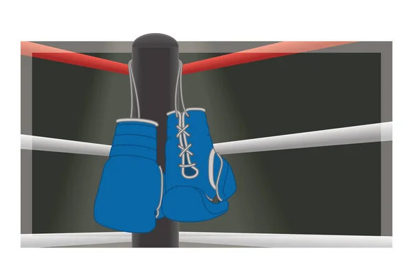 Luvas Boxe Azul Lacado Pendurado Post Com Anel Boxe Fundo — Vetor de Stock