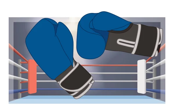 boxing gloves blue, with boxing ring in background