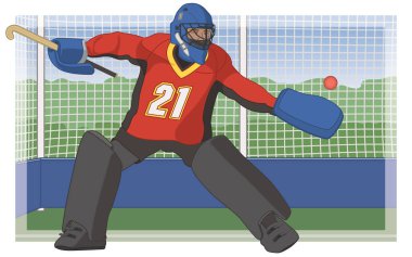 Çim hokeyi erkek kalecisi, kırmızı üniformalı ve mavi kasklı, arka plandaki kaleci.