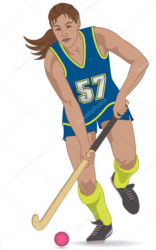 field hockey female player in blue uniform, running with field hockey stick isolated on white background