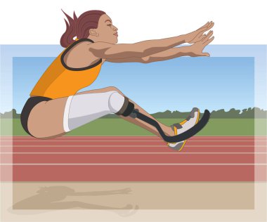 Paraşüt sporu paraşütü uzun atlama, fiziksel engelli kadın atlet protez bacak, pist ve saha, arka planda pist