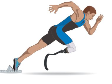 Paraşüt atletizm koşusu, fiziksel engelli erkek atlet protez bacak, pist ve saha, beyaz arka planda izole