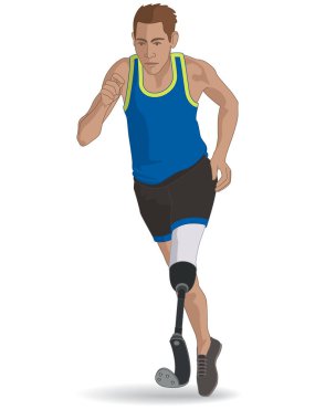 Paraşüt atletizm koşusu, fiziksel engelli erkek atlet protez bacak, koşu ve saha, beyaz arka planda izole