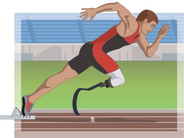 Paraşüt atletizm koşusu, fiziksel engelli erkek atlet protez bacak, pist ve saha, arka planda atletizm ve stadyum