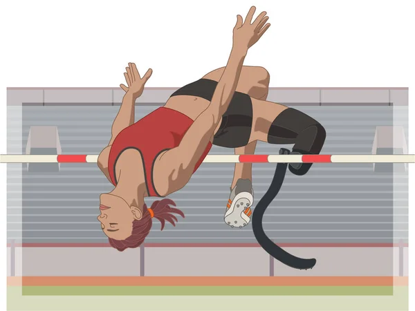 Para Sport Verlammende Hoogspringen Fysieke Gehandicapte Vrouwelijke Atleet Kunstbeen Track — Stockvector