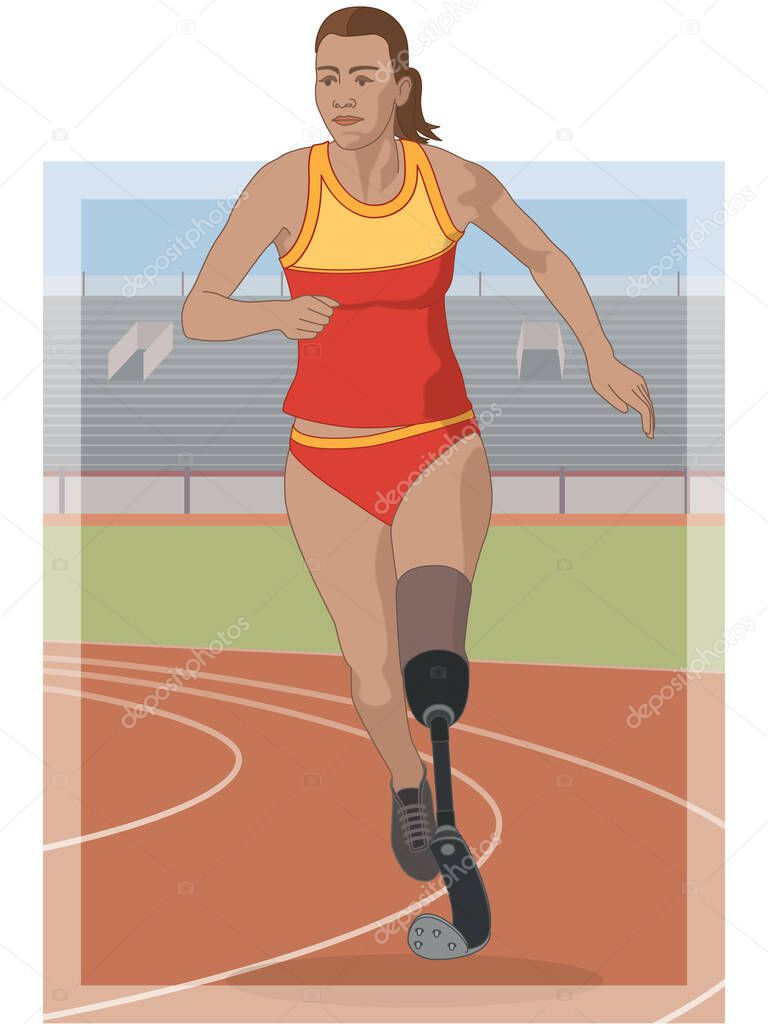 para sports paralympic track running, physical disabled female athlete on prosthetic leg, track and field, with track and stadium in background