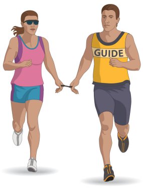 Paraşüt atletizm pistinde koşan, görme engelli bayan sporcu, beyaz arka planda izole bir şekilde, hipodrom ve saha rehberiyle koşuyor.