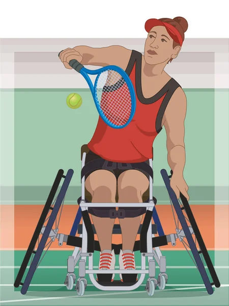 田径类残奥会网球 身体残疾的女运动员坐在轮椅上 用球拍击打网球 室内场地为体育场背景 — 图库矢量图片