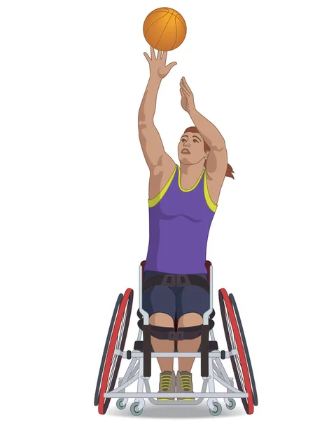 田径残奥会篮球 身体残疾的女运动员坐在轮椅上抛球 与白人背景隔离 — 图库矢量图片