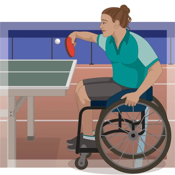 Para Sport Paralympische Tischtennis Körperlich Behinderte Athletin Sitzt Spezialisierten Rollstuhl — Stockvektor