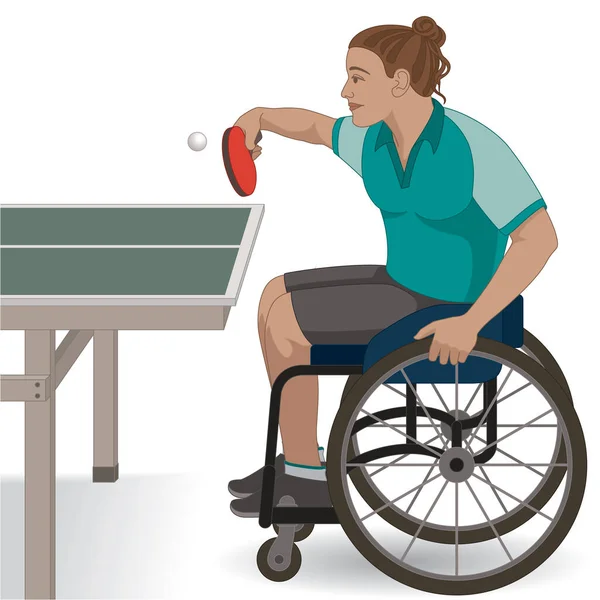Para Sport Paralympische Tischtennis Körperlich Behinderte Athletin Sitzt Spezialisierten Rollstuhl — Stockvektor