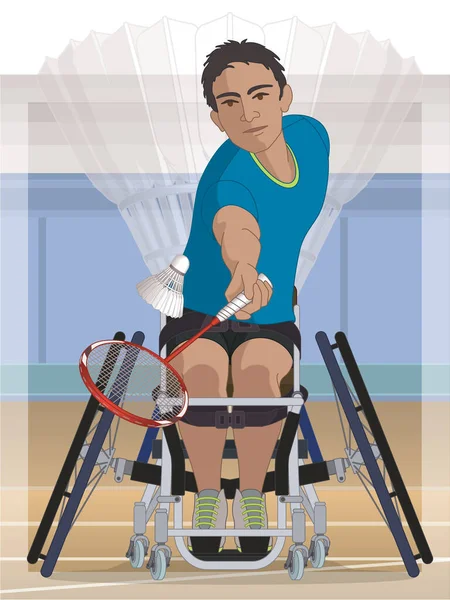 田径残奥会羽毛球 身体残疾的男子运动员 坐在专用轮椅上 手持网球拍 有体育场背景的梭子 — 图库矢量图片