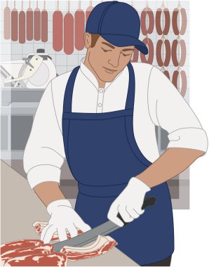 İnsan yiyeceği, erkek kasap tezgahta et kesiyor arka planda kasap dükkanı var.