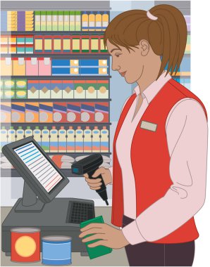 İnsan yiyeceği, kadın bakkal kasiyeri arka planda paketlenmiş yiyeceklerle dolu raflarla yiyecek parçalarını tarıyor.