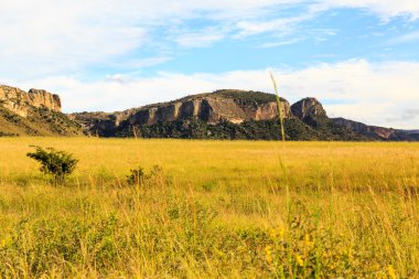Güneşli bir günde bir Yeşil Vadi görülen kayalık dağ oluşumu