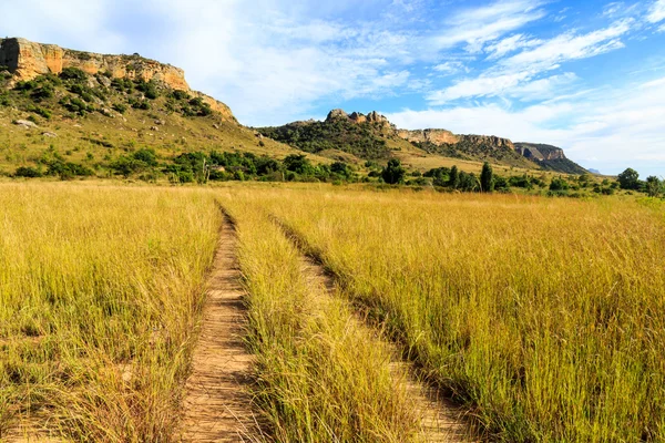Camino de tierra en un valle verde de pastizales con formaciones rocosas en th — Foto de Stock