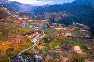 Vietnam 'ın kuzeyindeki Sapa' daki teraslı pirinç tarlaları, teraslardaki suyun renklerinin yansımaları.