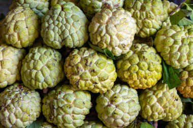 Vietnam 'da pazarda bir yığın muhallebi elması. Tropik meyve.