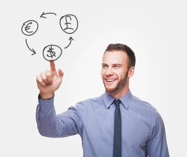 Young handsome man with money icons — Stock Photo, Image