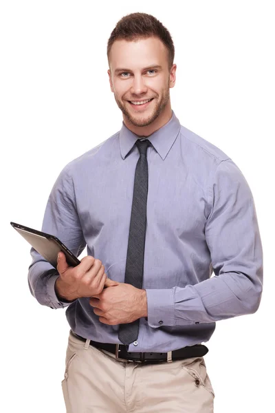 Joven guapo hombre sonriendo aislado en blanco — Foto de Stock