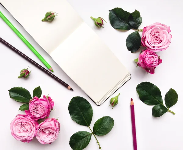 Kolorowy kompozycja z sketchbook, róże i ołówki. Leżał z płaskim — Zdjęcie stockowe