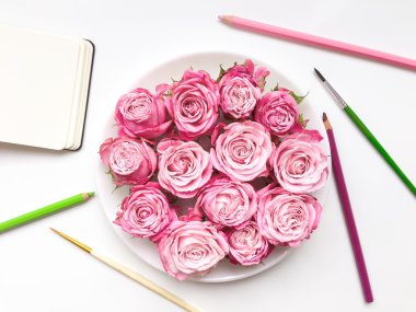 Gül, sketchbook ve aksesuarları ile renkli kompozisyon. Düz yatıyordu