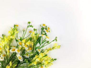 Renkli parlak buket çiçegi beyaz arka plan üzerinde yapılmış. Lay kompozisyon paylamak