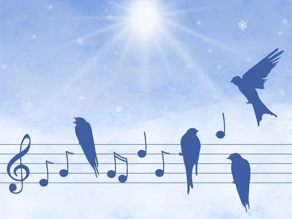 Ilustración de notas musicales con pájaros — Vector de stock