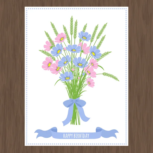Frühlingskarte mit Blumen und Weizenähren — Stockvektor