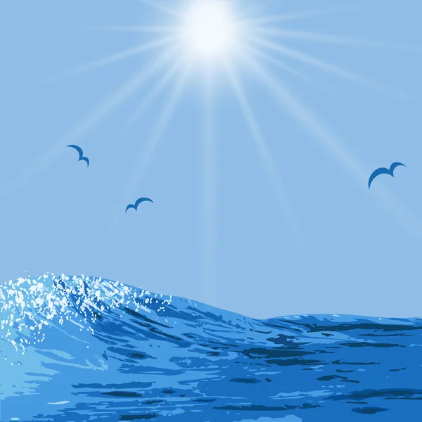Fale oceanu, ptaki i słońce — Wektor stockowy