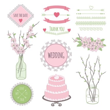 Hipster simgeler ve sakura çiçek öğelerle