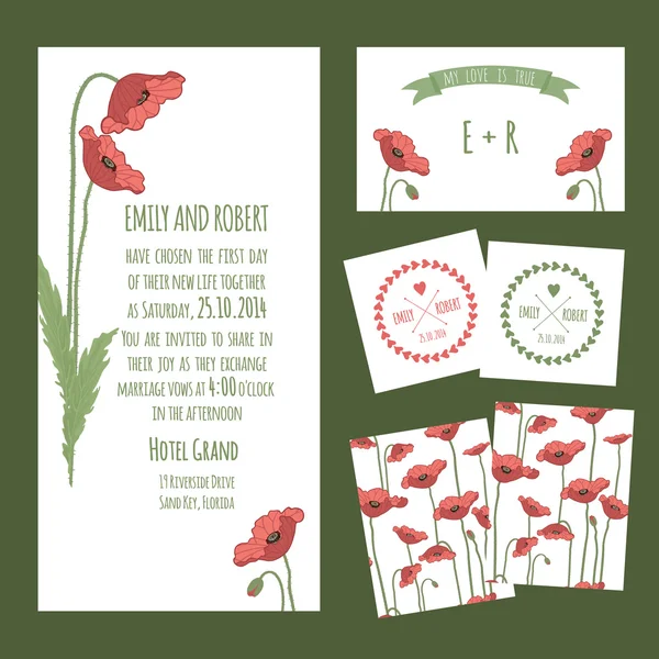 Wedding cards with red poppies — Stock Vector
