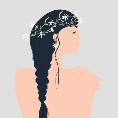 Naked woman with long hair and beautiful flowers wreath on her head. Vector illustration clipart