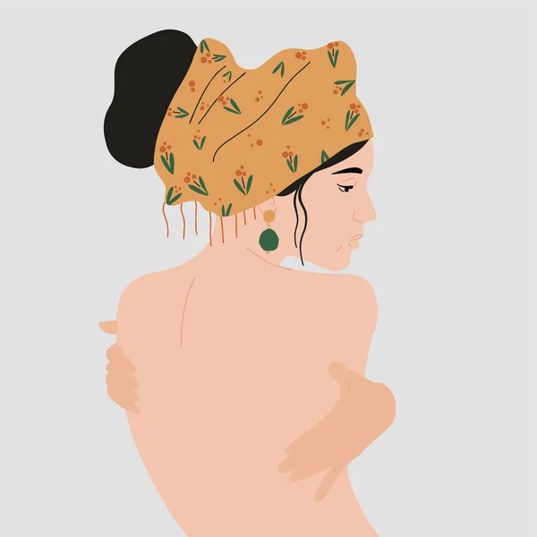 Meztelen nő gyönyörű fülbevalóval és színes turbánnal a fején. Vektorillusztráció — Stock Vector