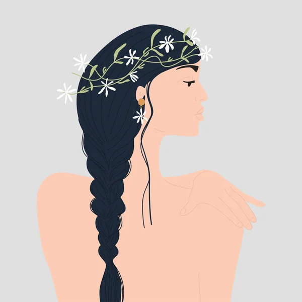 Meztelen nő hosszú hajjal és gyönyörű virágkoszorúval a fején. Vektorillusztráció — Stock Vector