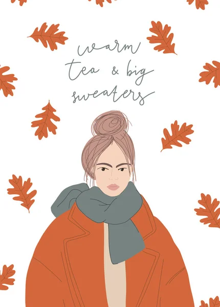 Postal de otoño. Chica con moño desordenado en abrigo rojo y bufanda. Hojas de roble cayendo — Vector de stock