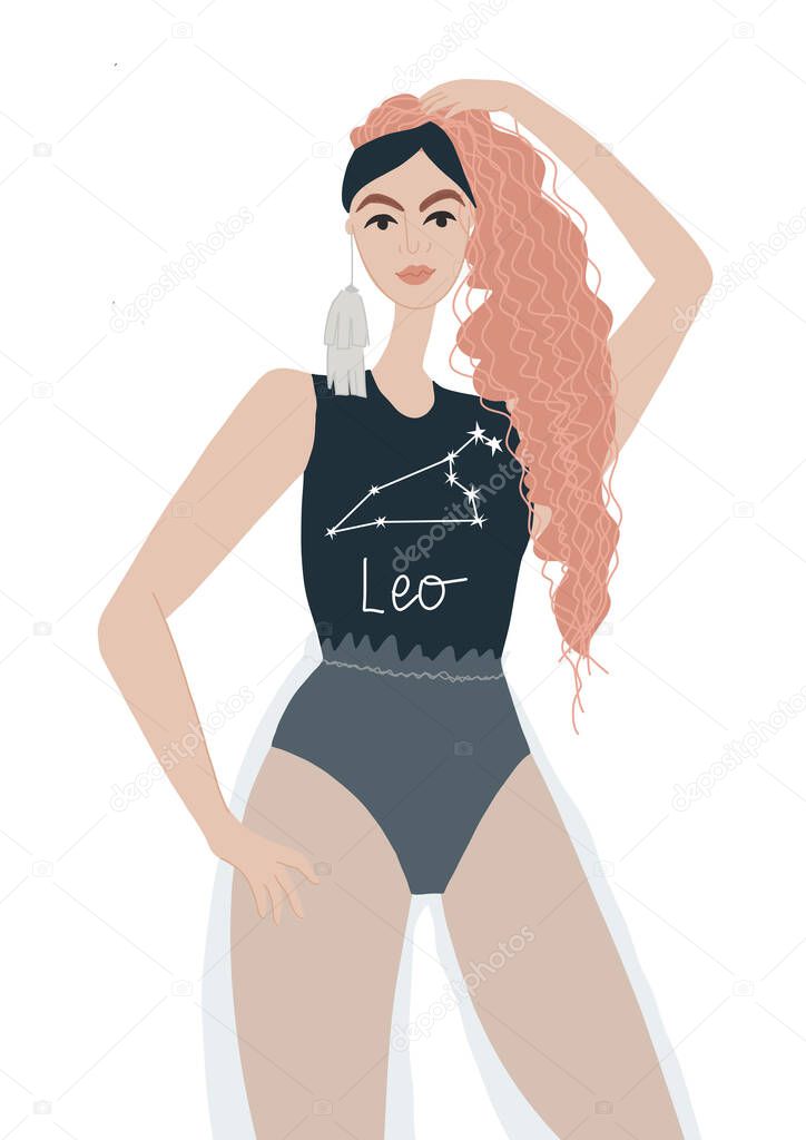 Representative of the Leo sign. Attractive girl with long red hair. Hand drawn illustration