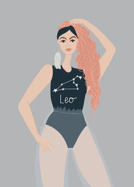 Representante del signo Leo. Chica atractiva con el pelo largo y rojo. Constelación de Leo. Ilustración vectorial — Vector de stock