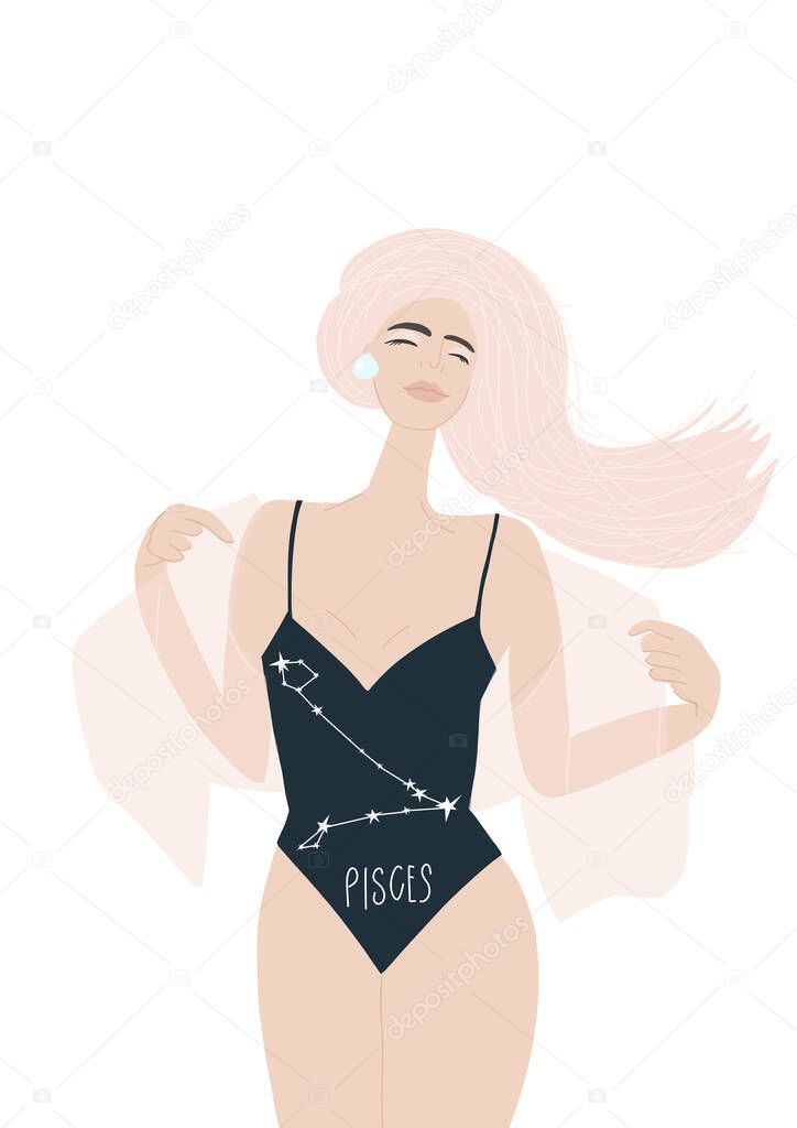 Representative of the Pisces sign. Attractive girl with long red hair. Constellation. Illustration