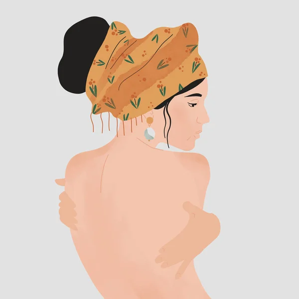 Meztelen nő gyönyörű fülbevalóval és színes turbánnal a fején. Illusztráció — Stock Fotó