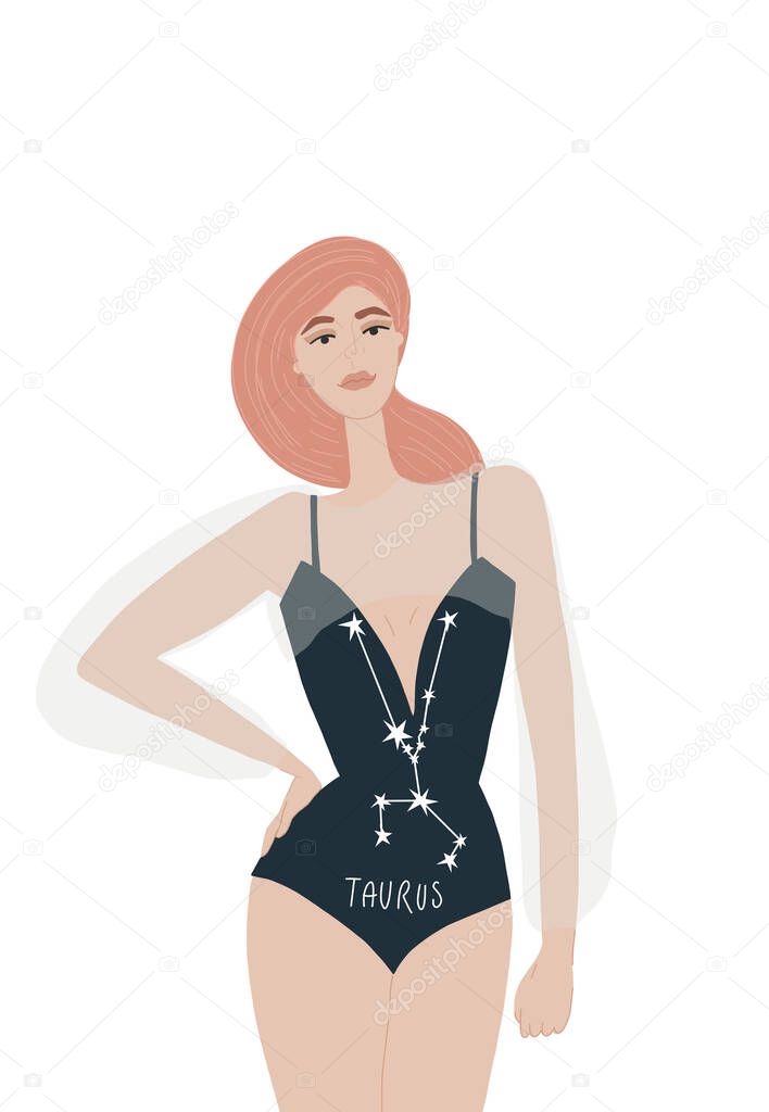 Representative of the Taurus sign. Attractive girl with long red hair. Constellation. Illustration