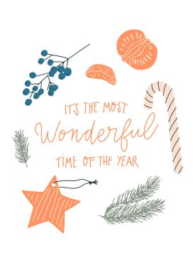 Vektör el çizimi Noel eşyaları seti ve alıntı: Yılın en harika zamanı. Kartpostal tasarım şablonu