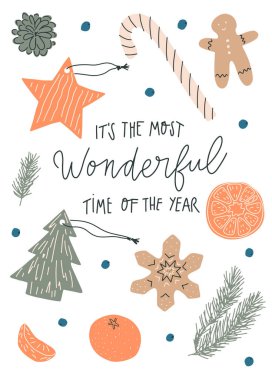 Vektör el çizimi Noel eşyaları seti ve alıntı: Yılın en harika zamanı. Kartpostal tasarım şablonu