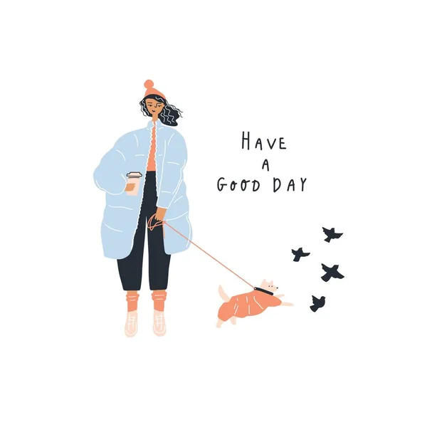 Junge Frau im Wintermantel mit kleinem Hund an der Leine. Handschriftliches Zitat: Guten Tag. Vorlage für Postkarten-Design — Stockvektor