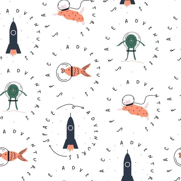 Alien dog fish in space suits, space rocket. Handwritten phrase: space adventures. Vector seamless pattern — Stock Vector