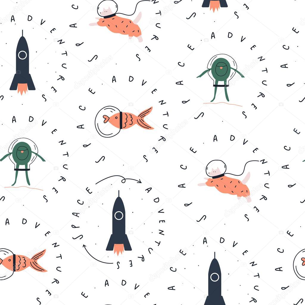 Alien dog fish in space suits, space rocket. Handwritten phrase: space adventures. Vector seamless pattern