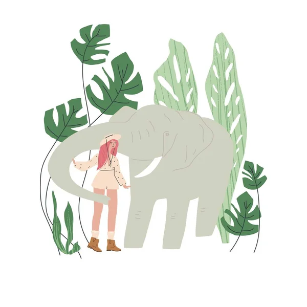 Девушка в сафари стиле одежды и слона на зеленом фоне растений. Векторная иллюстрация — стоковый вектор