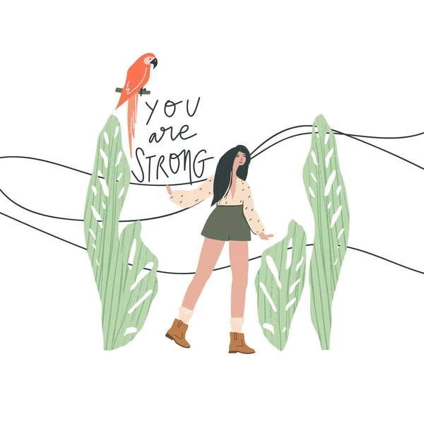 Dívka v safari stylu oblečení, papoušek macaw, zelené rostliny a ručně psaný citát: jste silný. Vektorová ilustrace — Stockový vektor