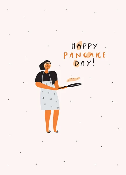 Woman with pancake pan. Handwritten quote : happy pancake day. Vector illustration — 图库矢量图片